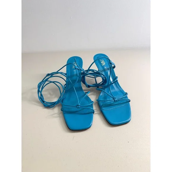 Zara Blue Leather Strappy Lace Up Square Toe Stiletto Heeled Sandals 39 8 - Picture 4 of 9